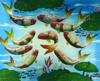 Original Batik Art Painting on Cotton Fabric, 'Koi Fish' by Hamidi (90cm x 75cm)   Mixed Media Paintings