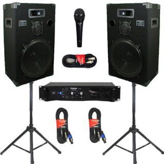 New Studio Speakers 15 Inch Three Way Pro Audio Monitor Pair, Stands, Amp, Cables and Mic Set for PA DJ Home or Karaoke 1500CSET Musical Instruments