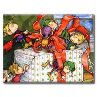 Christmas Elves Playfully Wrapping Gift Postcard