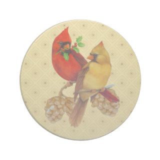 Winter Cardinals Pine and Holly Beverage Coasters