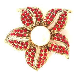 Elegant Orange Diamante Lily Flower Pearl Brooch in Gold Finish   Flower Brooch, 33mm x 41mm in Gold Finish with Red Diamante & Faux Pearls Kish Vasa Jewelry