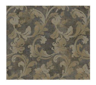 York Wallcoverings PS3897 Wind River Scrolling Acanthus on Faux Background Prepasted Wallpaper, Black/Gray/Gold Metallic    