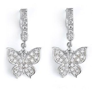 CleverEve 2013 Designer Series Sterling Silver Rhodium Plated & CZ Lovely Dazzling Butterfly Locked Hinged Dangle Earrings CleverSilver Jewelry