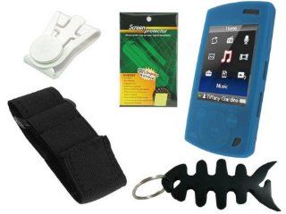 Accessory Combo Kit for Sony Walkman NWZ  S540, NWZ  S544, NWZ S545 Series Includes Blue Durable Flexible Soft Silicone Skin Case, Premium Reusable LCD Screen Protector, Elastic Armband, Belt Clip, Fishbone Style Keychain   Players & Accessories