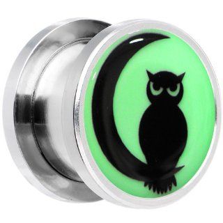 20mm Steel Owl on Moon Glow in the Dark Screw Fit Plug Body Candy Jewelry