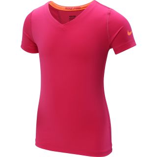 NIKE Girls Pro Core Fitted V Neck Short Sleeve T Shirt   Size Small, Vivid
