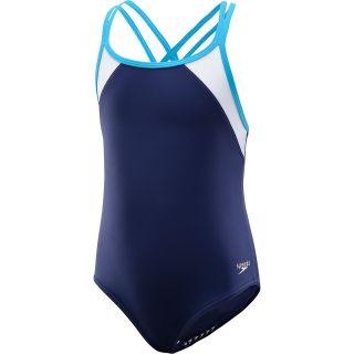 SPEEDO Girls Crossback Splice Swimsuit   Size 10, Deep Water Blue