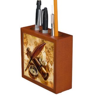 Ancient telescope and navigation charts pencil holder