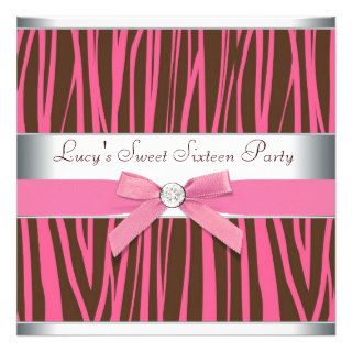 Brown & Hot Pink Zebra Sweet Sixteen Birthday Part Invitations