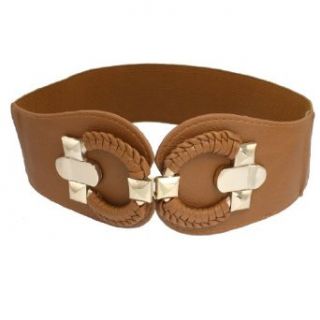 Women Round Braided Buckle Textured Faux Leather Stretchy Waistband Brown