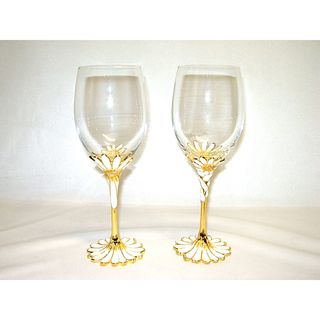 Italian Daisy Gold Rim White Flower Red Wine Glasses (Set of 2) Threestar Toasting Flutes