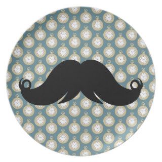 Black Handlebar Mustache on Watch Background Dinner Plates