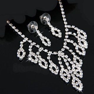 Silver *6 Plated Crystal Rhinestone Tassel Pendant Bridal Necklace and Matching Earrings Set Jewelry Sets Jewelry