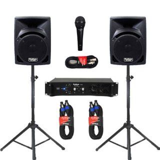 Podium Pro Studio ABS 8" Speakers 2 Way Monitors, Stands, Amp, Cables and Mic Set for PA DJ Home or Karaoke PP810SET Musical Instruments