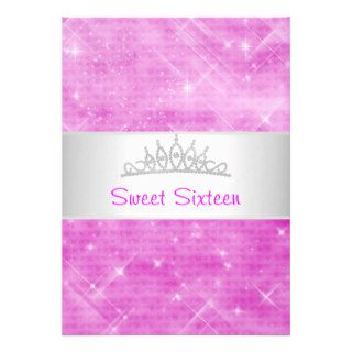 Sweet 16 Pink Glitter Silver Jewel Tiara Party 16 Announcements