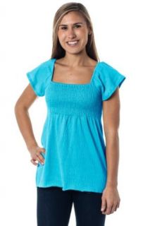 Womens raglan flutter sleeve babydoll top with smocked bodice, Blue S