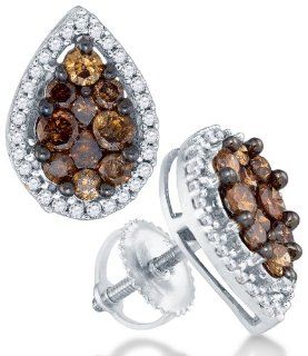 10K White Gold Round Brilliant Cut Chocolate Brown and White Diamond   Pear Shape Halo Invisible & Channel Set Studs Earrings with Secure Screw Back Closure   (.99 cttw.) Jewelry