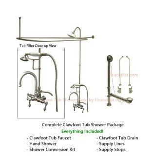 Satin Nickel Clawfoot Tub Faucet Shower Kit with Enclosure Curtain Rod 3013T8CTS   Clawfoot Bathtubs  