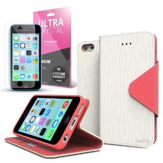 White / Hot Pink Apple iPhone 5C Wallet Case; Best Design with Coolest Premium [PU/Faux Leather] with Stand Feature and Magnetic Flap Closure; Functional Fashion Slim Wallet Case Cover for iPhone 5C (Release Date); Supports Apple 5C Devices From Verizon, A