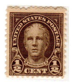 Postage Stamps United States. One Single 1/2 Cent Olive Brown Nathan Hale Stamp Dated 1925, Scott #551. 