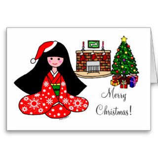Kimono Girl Christmas Cartoon Illustration Greeting Card