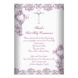 First Holy Communion 1st Cross Girls White Pink Custom Invite
