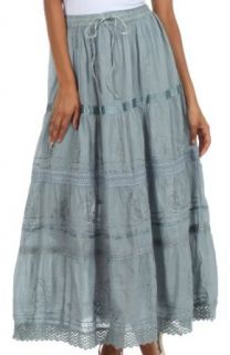 AA554   Solid Embroidered Gypsy / Bohemian Full / Maxi / Long Cotton Skirt   Gray/One Size