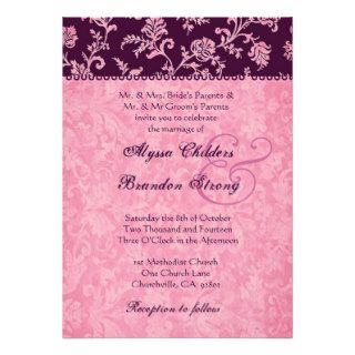 Purple and Peony Pink Damask Wedding Template Personalized Invitations