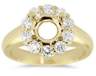 Elegant Round Halo With Polished Cathedral Rounded Shank Engagement Semi Mount In 18k Yellow Gold. CleverEve Jewelry