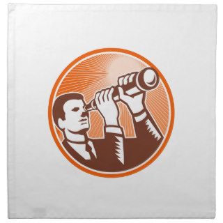 Businessman Holding Looking Telescope Woodcut Napkin