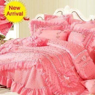 DIAID, Korean Style Luxury Wedding Princess Bedding, Modal Lace Ruffle Bedding Set, Embroidered Roses Duvet Cover Sets, 10Pcs   Bed Skirts