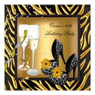 30th Birthday Party Zebra Leopard Gold Black Personalized Announcement