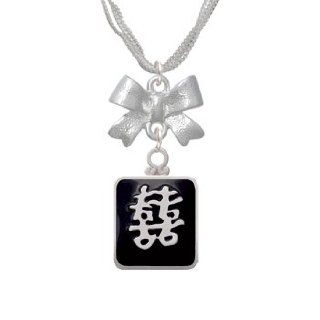 Chinese Symbol "Double Happiness" on Black with Silver Frame Emma Bow Necklace Jewelry