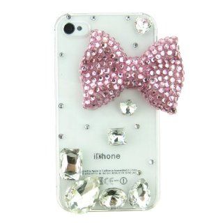 FiMEeney Luxury Pink Crystal Bow Various Diamond Transparent Back Hard Case Cover Shell for Iphone 4 4g 4s+ Cleaning Cloth + 2013 Calendar Card + Pink Stylus Pen + Butterfly And Flower Dust Plug Cell Phones & Accessories
