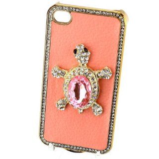 Genuine Luxury Pink Litchi Rind Leather Around Rhinestone Crystal Diamond Turtle Case Cover for Iphone 4 4s Match Flower Hanger   Cell Phone Carrying Cases