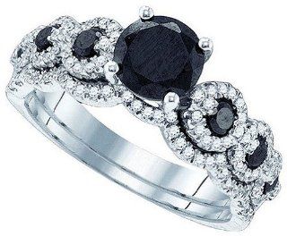 14k White Gold Black colored Round Solitaire Diamond with Accents Womens Ladies Unique Bridal Wedding Engagement Ring & Anniversary Band Set   1.75 Ct.t.w. Jewelry