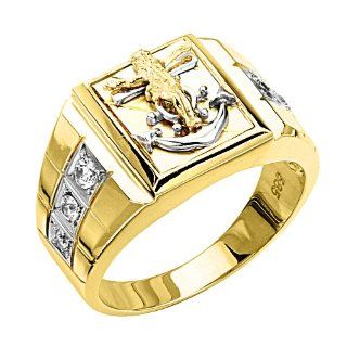 14K Yellow Gold Religious Jesus Cross Crucifix Anchor Fashion CZ Cubic Zirconia High Polish Finish Ring Band for Men The World Jewelry Center Jewelry