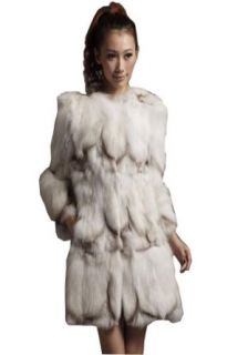Bafei Women's Natural Fox Fur Long Coat Jacket with Round Collar Fur Outerwear Coats