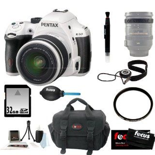 Pentax K 50 16MP Digital SLR Camera Kit with DA L 18 55mm WR f3.5 5.6 Lens (White) + UV Protector + 32GB Memory Card + Focus Camera Case + Lens Band Stop Zoom Creep + Kit  Camera & Photo