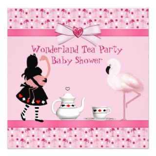 Wonderland Tea Party Pink Flamingos Baby Shower Invitations