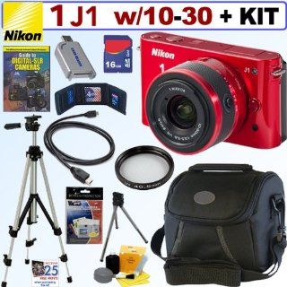 Nikon 1 J1 10.1 MP HD Mirrorless Compact Digital Camera System with 10 30mm f/3.5 5.6 VR 1 NIKKOR Zoom Lens (Red) + 16GB Deluxe Accessory Kit  Digital Slr Camera Bundles  Camera & Photo