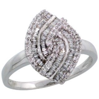 18k White Gold Marquise shaped Diamond Ring, w/ 0.14 Carat Brilliant Cut & 0.27 Carat Baguette Diamonds, 5/8" (16mm) wide Jewelry