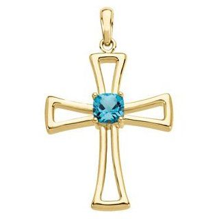 14K Yellow Gold Swiss Blue Topaz Cross Pendant    LIFETIME WARRANTY Jewelry