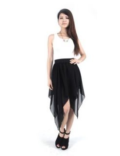 Women's Vintage Asymmetrical Knee Length Chiffon See Through Skirts with Underdress (Black)