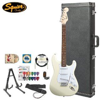 Squier Bullet by Fender (031 0001 580) Arctic White Strat with Picks, Tuner, Stand, Hard Case, Strap, Cable, DVD & Strings Musical Instruments
