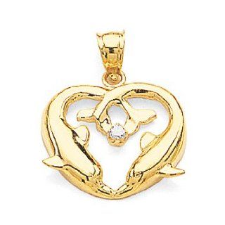 14K Gold Double Dolphin Heart Pendant with Diamond Accent Jewelry