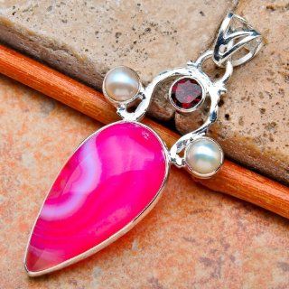 Natural Pink Botswana Agate Garnet Pearl Gemstone Jewelry 925 Sterling Silver Pendant  Wedding Ceremony Accessories  