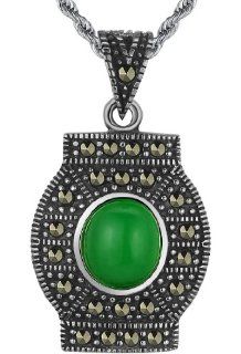 Stainless Steel Antique Style Oval Green Synthetic Jade Pendant Necklace with 2.4mm Rope Chain   G2002zs6 Jewelry