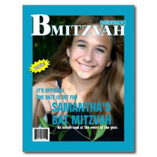 B Mitzvah Magazine Save the Date Postcard, Turq.