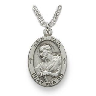 Sterling Silver 7/8" Oval Engraved St. Paul, Patron of Authors Medal on 24" Chain Pendant Necklaces Jewelry